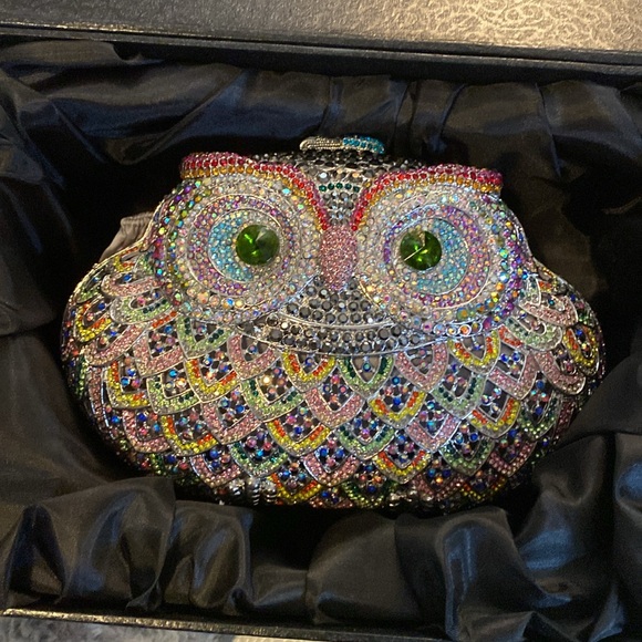 Bejeweled Owl Fancy Dinner Bag - Multi Colored Gemstone Owls Face - New Silk Box - Picture 2 of 12